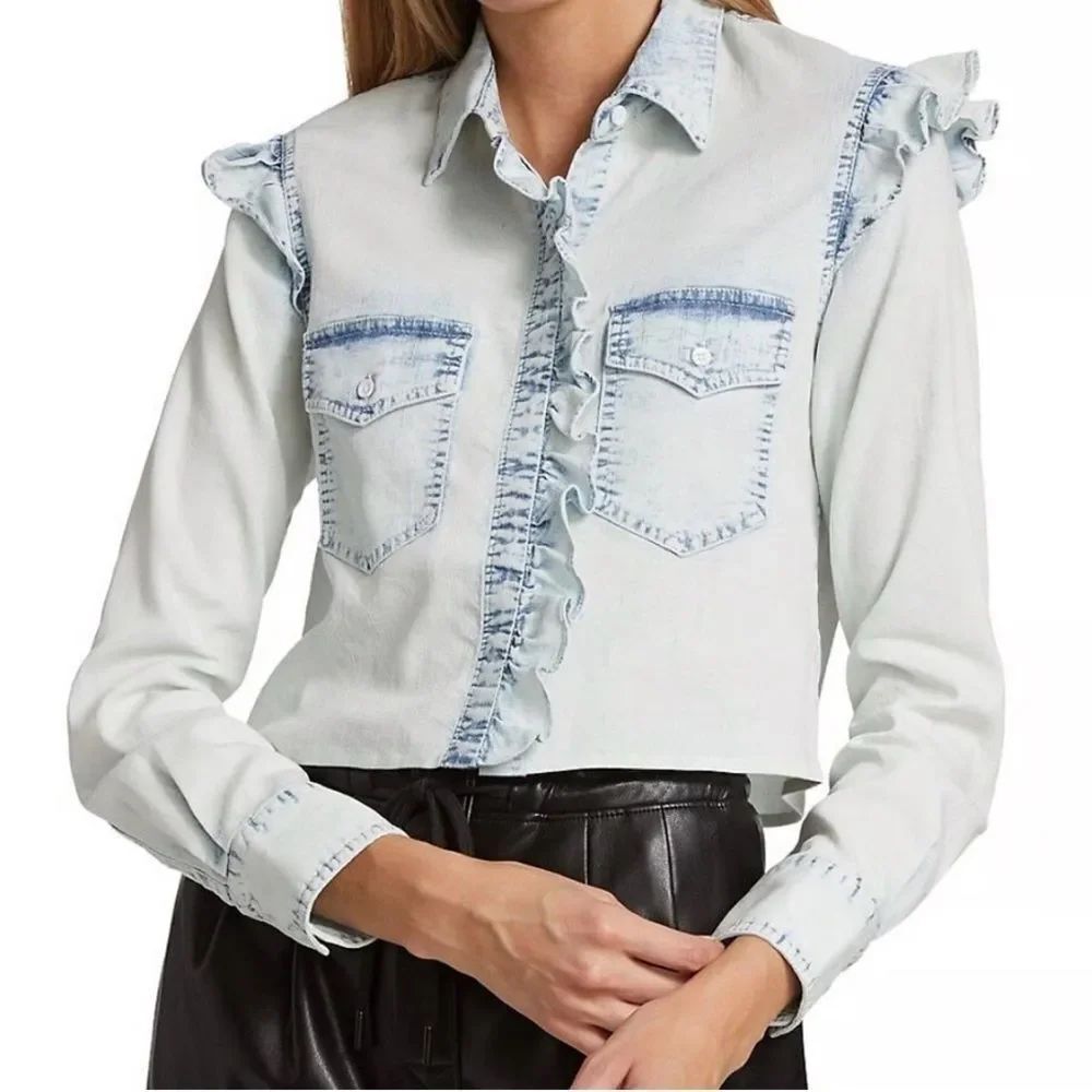 Alice & Olivia Jeans Hannah White Ruffled Denim Shirt-Size S -$186